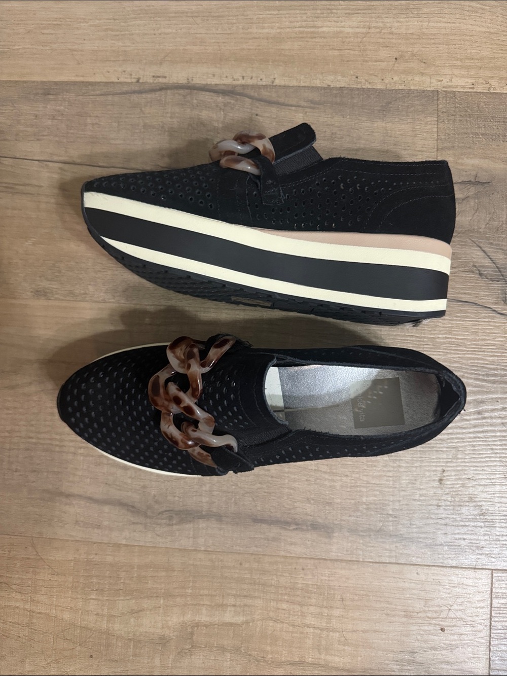 Women’s Dolce VitBlack Slip-On Platform Sneakers with Tortoiseshell Chain Accent